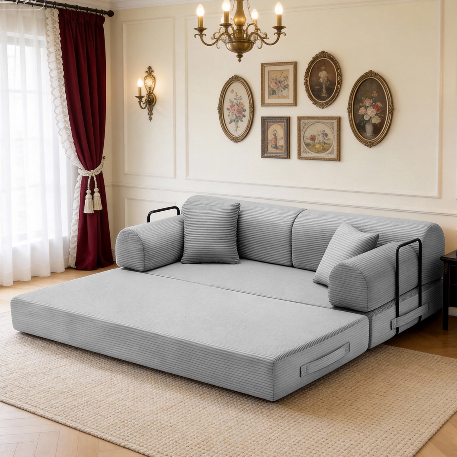 Hommoo Modern Convertible Sleeper Sofa Couch Bed, Compressed Corduroy Fabric Floor Sofa Couch with Fixed-Shape Frame, Light Gray