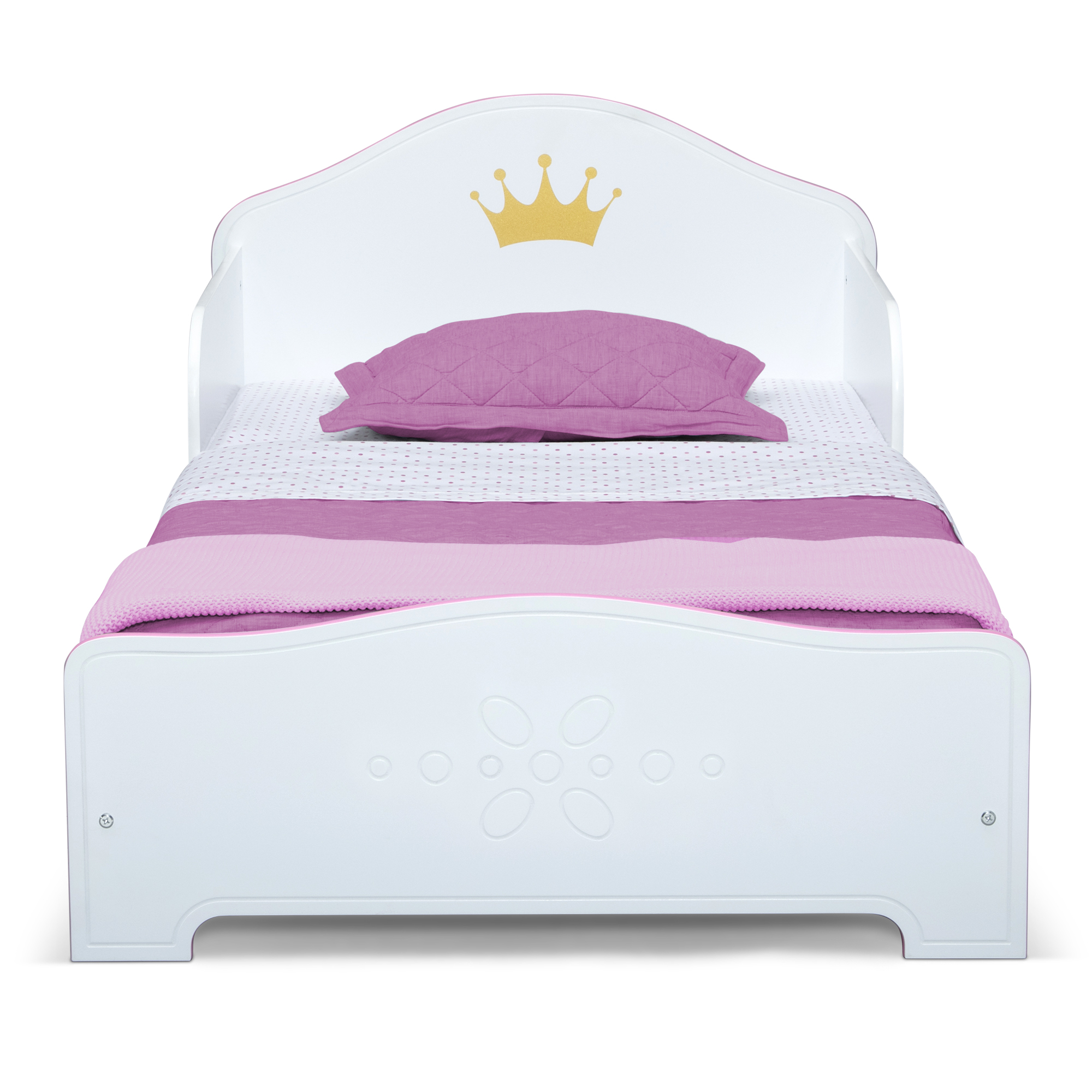 Delta Children Princess Crown Wood Toddler Bed with Fabric Mattress Support, Greenguard Gold Certified, White/Pink