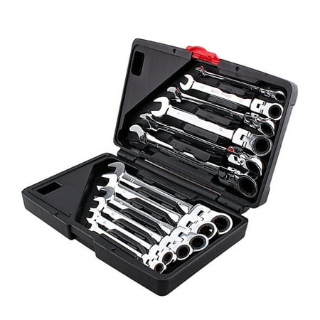 12pcs Metric Flexible Ratchet Wrench Spanners Set, Chrome Vanadium Steel SAE/MM Combination Standard Kit,