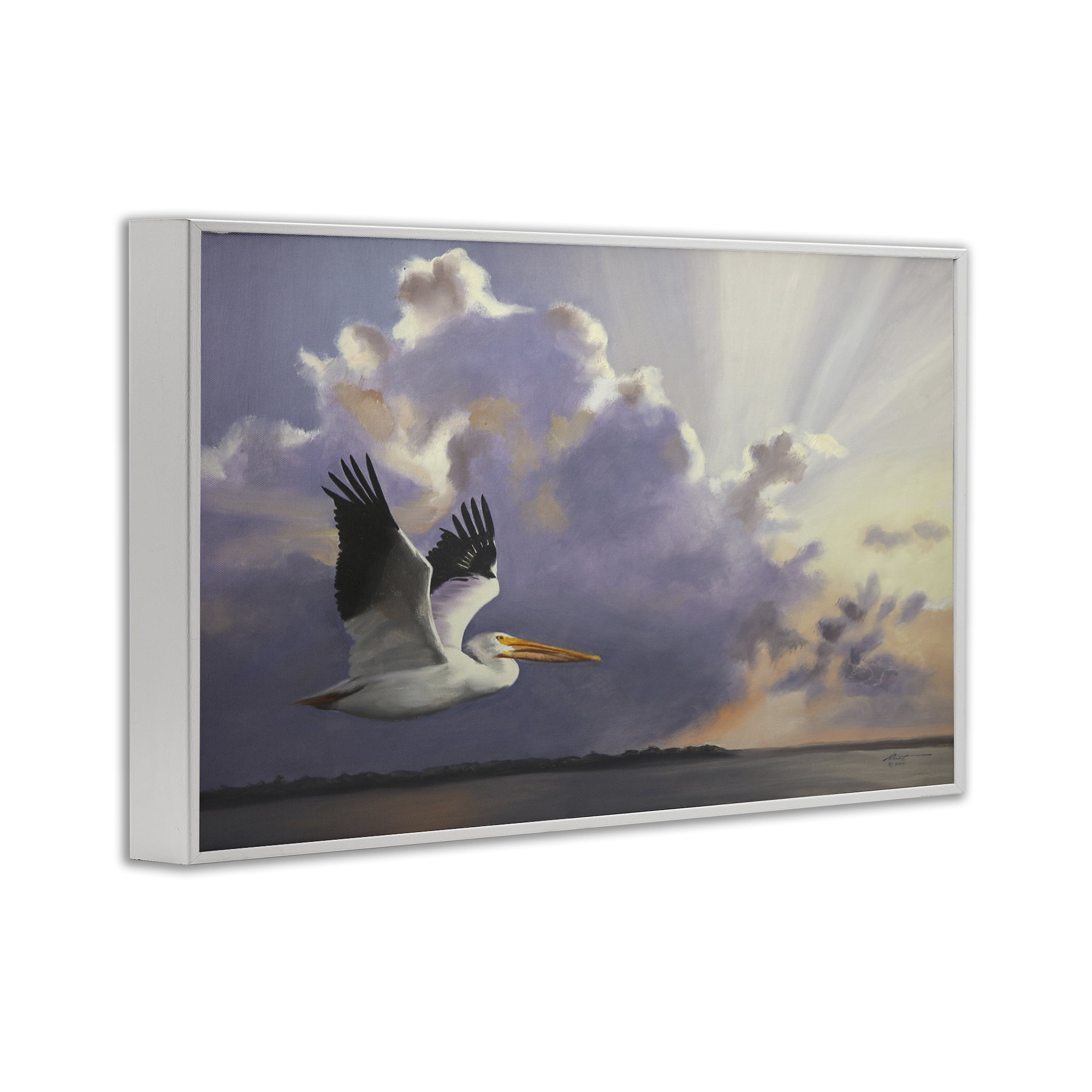 Stupell Industries Dawn Sunrise Pelican Landscape Painting White Framed Art Print Wall Art, 24 x 16