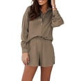 thumbnail image 1 of Conjunto de ropa de verano para mujer VISgogo, camisas abotonadas de manga larga de Color sólido, Tops y pantalones cortos sueltos informales, trajes VISgogo  moda, 1 of 6