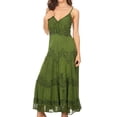 thumbnail image 3 of Sakkas Stonewashed Rayon Embroidered Adjustable Spaghetti Straps Long Dress - Green - 1X/2X, 3 of 5