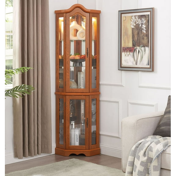 S-HOME Oak Lighted Corner Curio Cabinet with Tempered Glass Doors & Shelves for Living Room and Bedroom Storage
