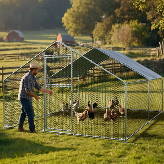 EuKer 13.1 x 9.8 x 6.4ft Metal Chicken Coop, Outdoor Walk-In Chicken Coop with Waterproof Roof Cover for Chickens, Ducks, Rabbits