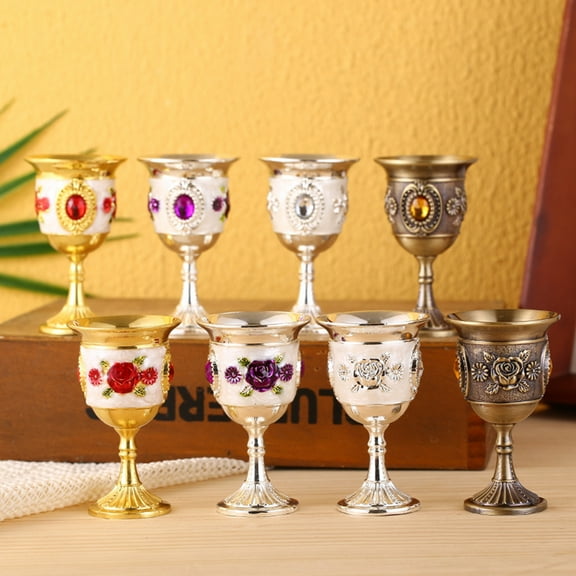 Visland 2PCS Vintage Metal Embossed Wine Cup, Hand-made Goblet Engraving Flower Pattern Shot Glass Liqueur Goblet Wine Chalice Art Craft Decoration for Weddings Home Decor Blessings Cup
