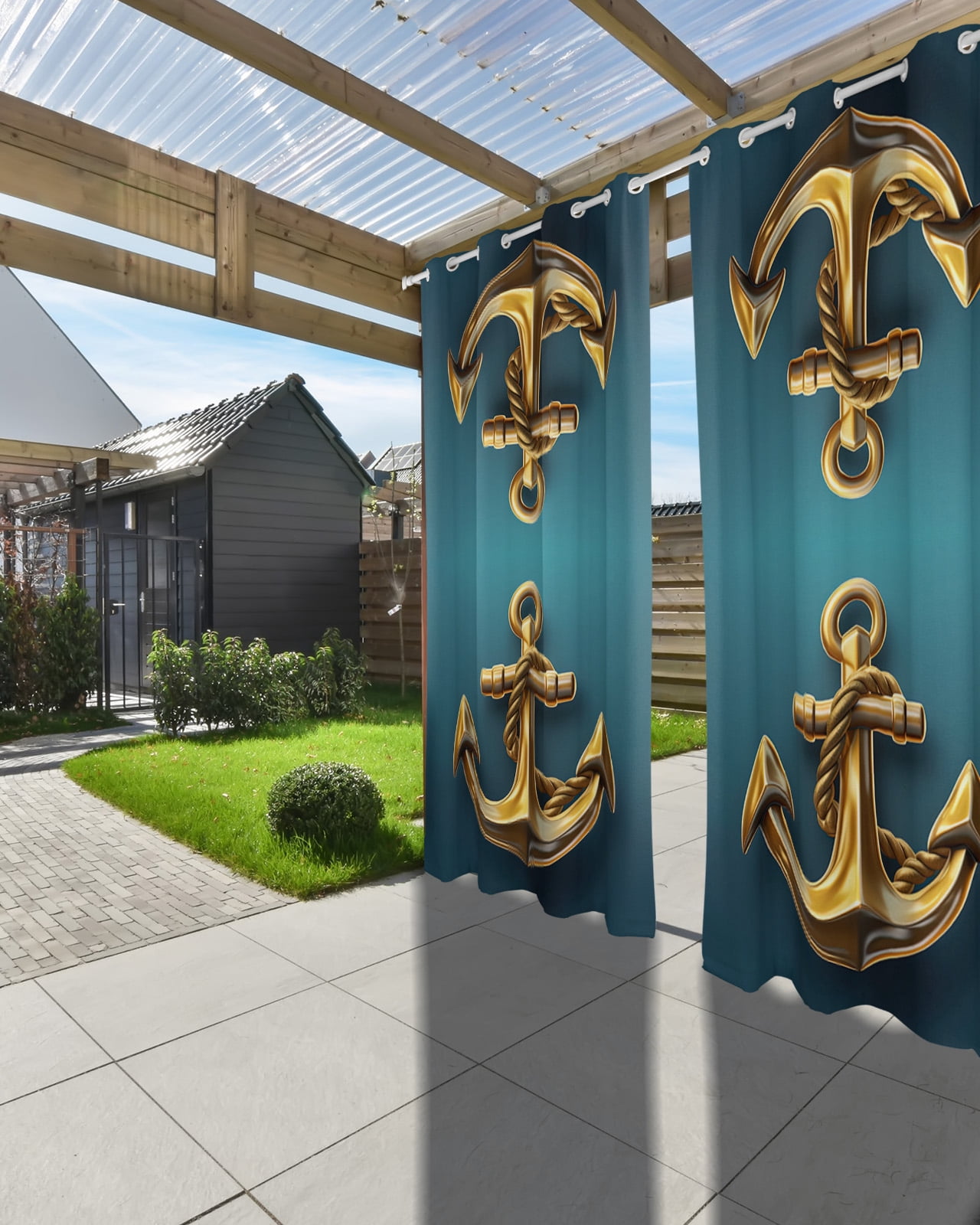 Outdoor Curtains for Patio, Yellow Anchor Waterproof Blackout Outside Curtain for Porch/Pergola/Gazebo, Coastal Nautical Anchor Turquoise Thermal Insulated Drapes for Cabana, 2 Panels, 54 x 84 Inch