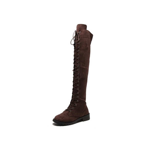 Minnieouse Botas hasta la rodilla para mujer Cremallera lateral Tacón bajo Flock Muslo Botas altas Microfibra Color sólido Zapatos planos Accesorio Calzado Marrón oscuro 7 Minnieouse AP013397-25
