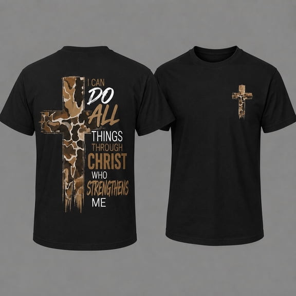 Christian T-Shirt, Camo Cross Design With Philippians 4:13 Verse, Perfect For Faithful Believers And Outdoorsmen