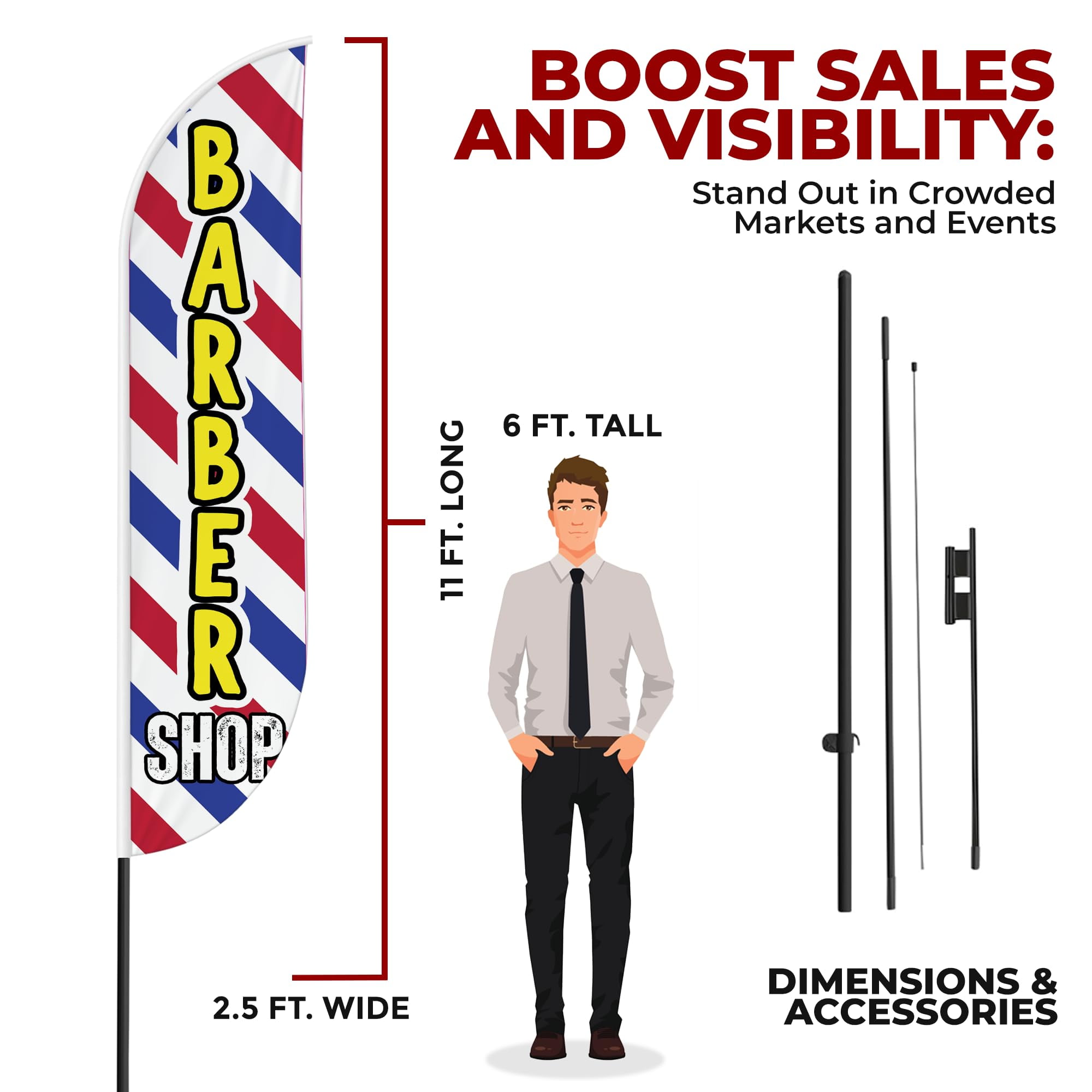 Barber Shop Sign feather flag Pole Mount for Outdoor by Mavis Print | 15 FEET Long Polyester Outdoor Banner Flag with Pole Kit for Easy Hang | HD Print Swooper Flag Pole Mount for Salon Advertisin