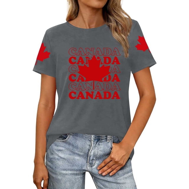 Fgnfyis T-Shirts Graphiques pour Femmes pour l'Été, Tenue Décontractée, Confortable, Manches Courtes, Col Rond, Tee avec Imprimé Patriotique de la Fête du Canada, T-Shirts pour Femmes Gris P