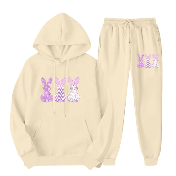 BLTIBY Women's 2 Piece Tracksuit Sweatsuits Sets Hoodie Sweatshirts Long Sleeve Jogging Sweatpants Suit Easter Printed Drawstring Fashion Outfits with Pockets 2025 Beige XL