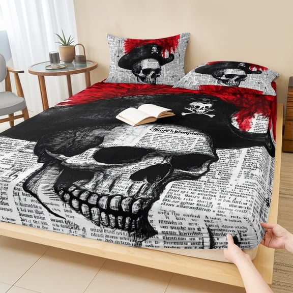 Cal.King Size Fitted Sheet Set - Human Skull 3 Piece Bedding Sets 16" Deep Pocket Fitted Sheet with 2 Pillowcases, Red Ostrich Feather Horror Art Newsprint Brushed Microfiber Hotel Luxury Bed Sheets