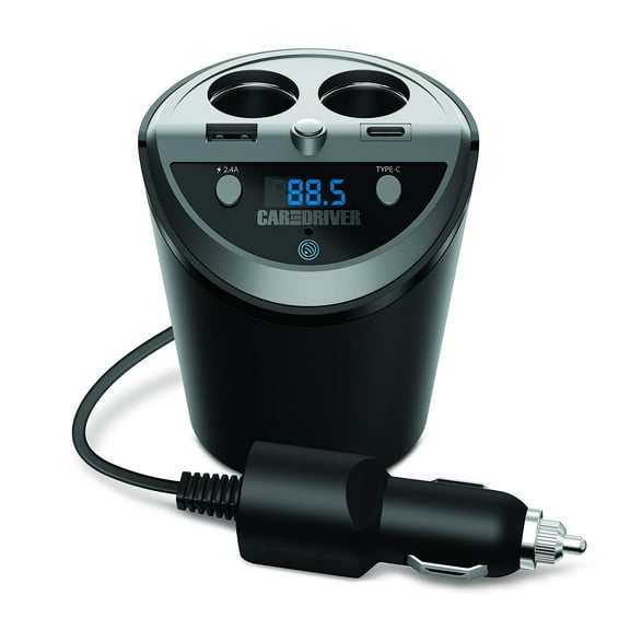 CAR AND DRIVER Smart FM Transmitter Bluetooth Cup Holder with Alexa, Google, Siri Assistant for Car with Dual Ports USB A and USB-C PD Fast Charging Ports & Dual Cigarette Lighter 12V Power Sockets