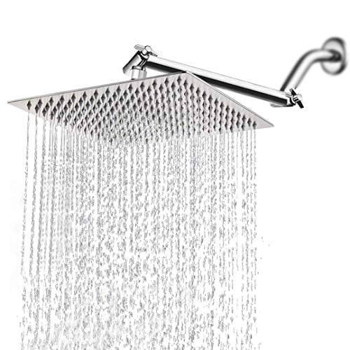 HarJue Grande Pommeau de Douche Carré en Acier Inoxydable Haute Pression avec Bras de Douche Cascade Couverture Complète Facile à Nettoyer et à Installer (12 Pieds' Pommeau de Douche Carré avec Bras, Finition Chrome)