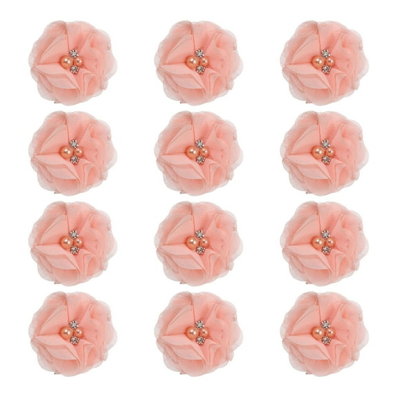 Uxcell 2 Inch Chiffon Flowers, 12 Pcs Rhinestone Pearl Sewing Fabric Flowers, Light Pink
