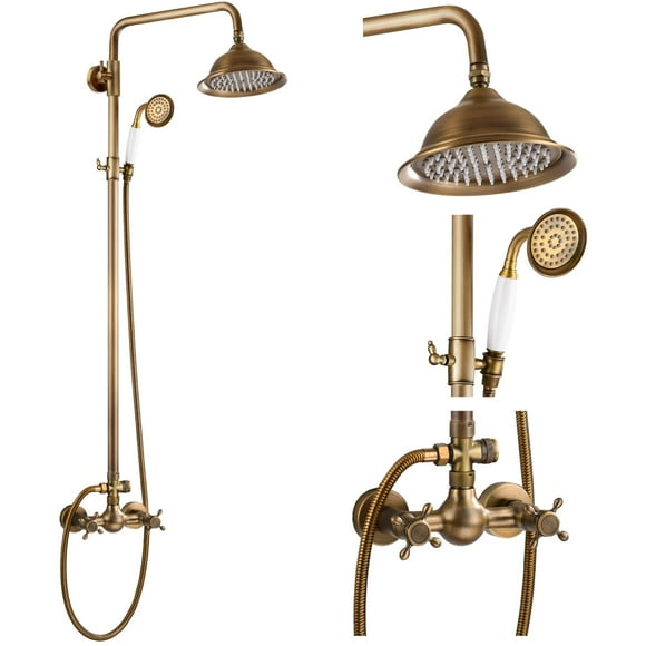 gotonovo Système de Douche en Laiton Antique 8 Pouces Douche Pluie Tête de Douche à Main Double Poignée Robinet de Douche Mural