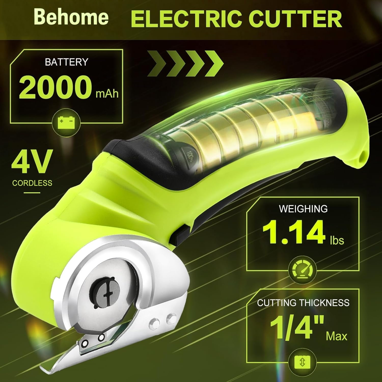 Behome Cardboard Cutter, Rechargeable Electric Box Cutter with 2 Blades&Safety Lock, Electric Scissors for Leather Carpet Plastic Cutting, Green