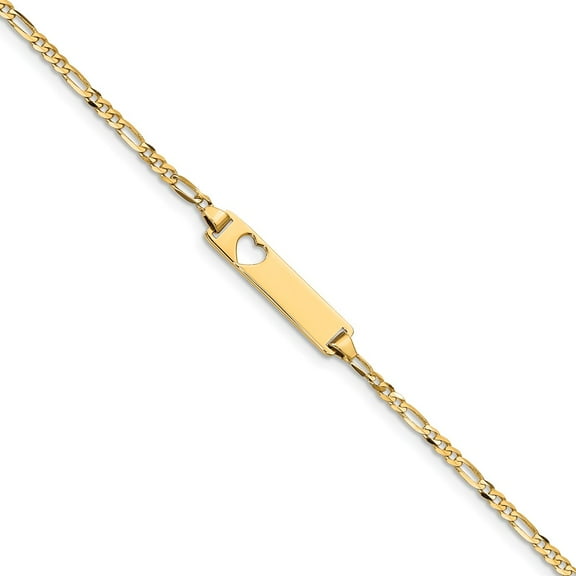 Real 14kt Yellow Gold Cut-out Heart Figaro Link ID Chain Bracelet; 6 inch; Lobster Clasp; for Children; for Women and Men