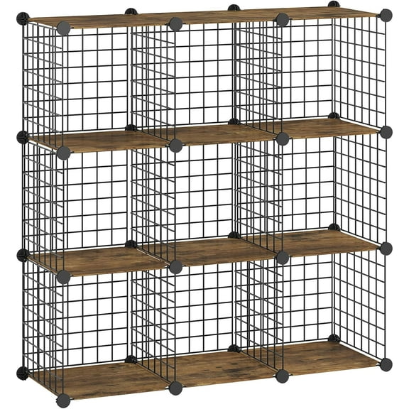 Cube Storage Organizer, Wire Cube Storage, 9-Cube Metal Grid Storage Shelf, Modular Cabinet, DIY Cube Bookshelf, for Living Room, Bedroom, Study, Rustic Brown and Black