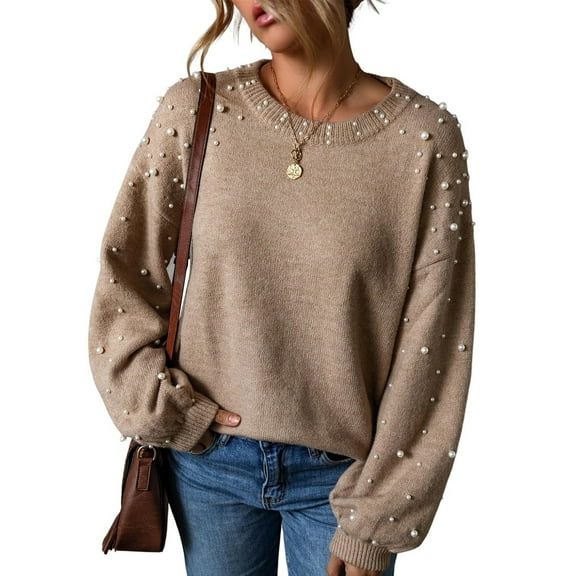 Pearl-Decorated Shoulder Pullover for Women, Loose Knit Crewneck Sweater with Beads