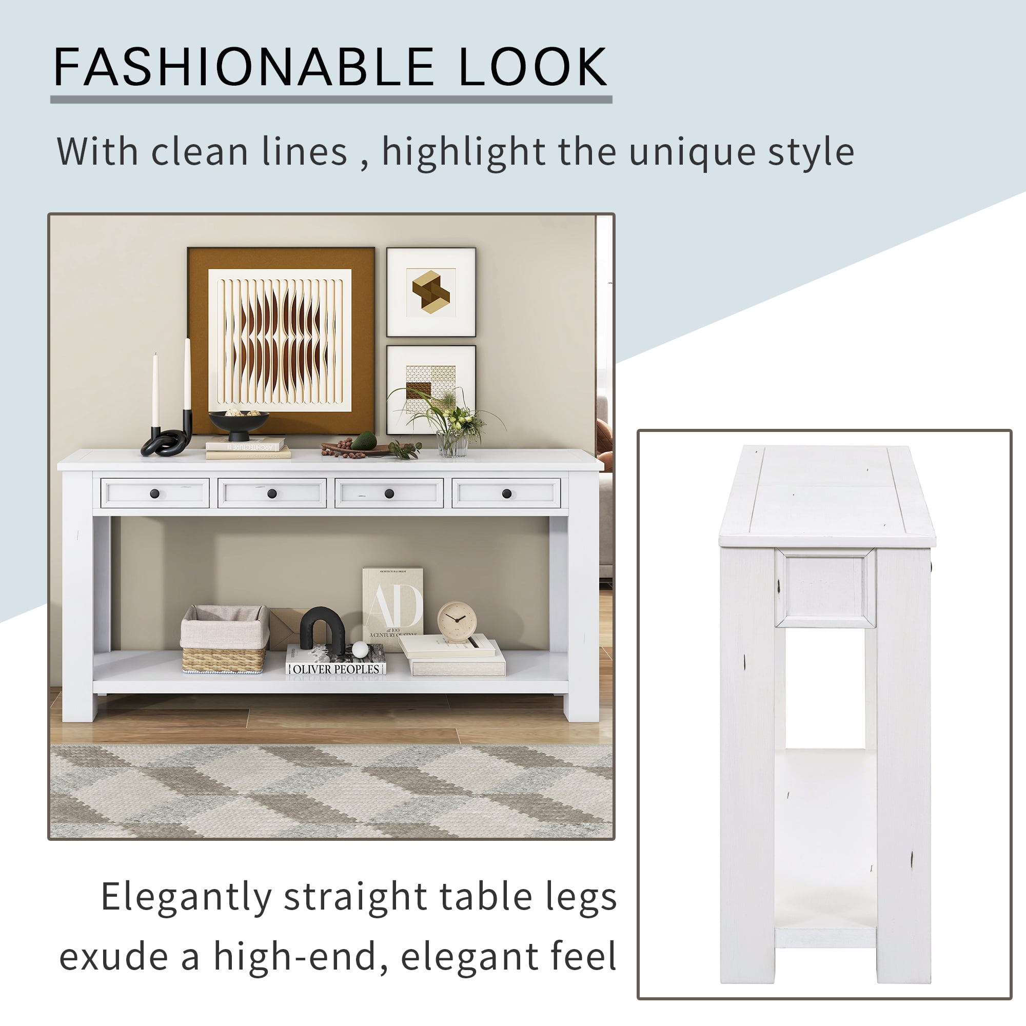 Noble House Console Entryway Table with Storage Drawers and Bottom Shelf for Hallway and Living Room ,Antique White