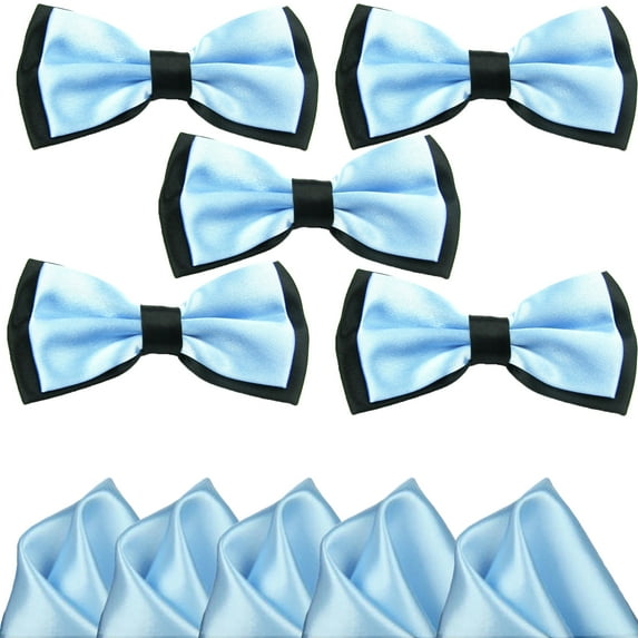 Mens Blue and Black Pre-Tied Wedding Bow Ties and Pocket Square Sets