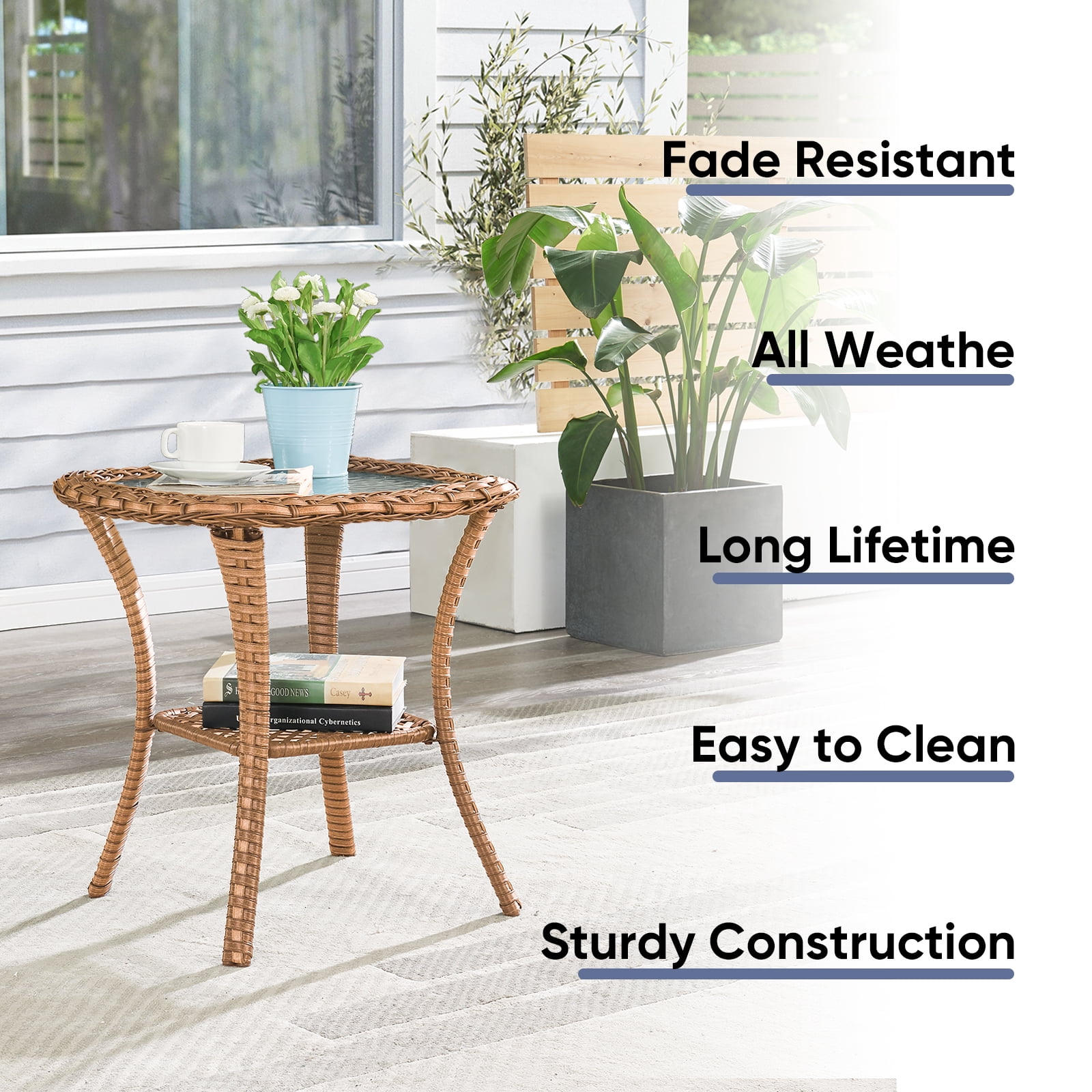 OPOHORO Outdoor Wicker Side Table,22x20x20 inch All Weather Rattan Small Patio Table Square End Table for Pool Balcony Deck Porch Lawn Backyard, Yellow