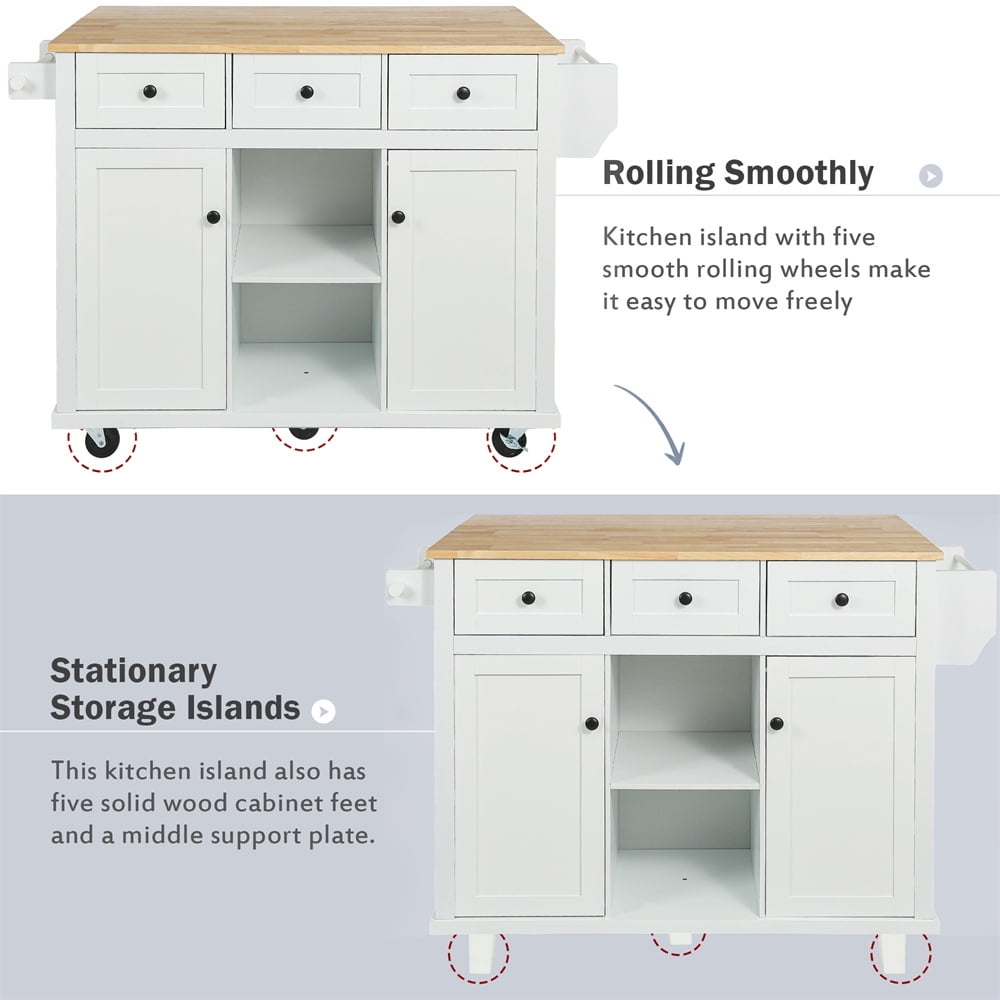 Kitchen Island Cart with Drop-leaf Tabletop and Locking Wheels, 53.1" Kitchen Trolley Cart with 2 Doors & 3 Drawers & Adjustable Shelves, Rolling Kitchen Island with Spice Rack and Towel Rack, White