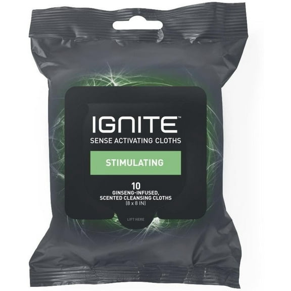 Ignite Mens Body Wet Wipes, Extra Thick 8"x 8" Shower Wipes, Stimulating Scent, 10 Count
