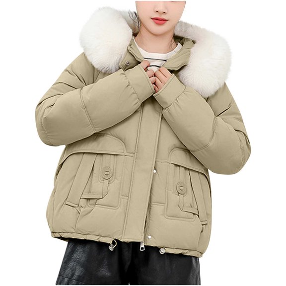 HTNBO Women's Winter Coat Warm Cropped Puffer Jacket with Faux Fur Hood Thicken Parkas Down Coats Snow Jackets Outerwear