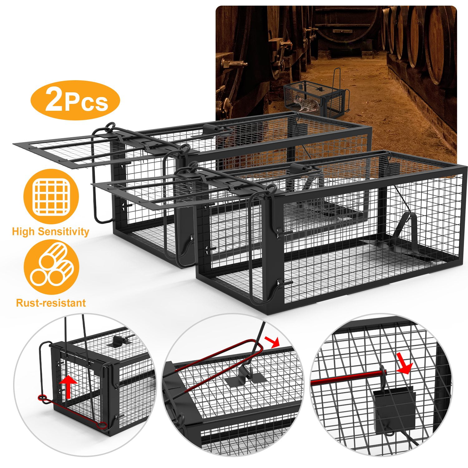 2 Pack Humane Live Rodent Traps, Galvanized Iron Cage for Mice and Rats, Easy to Use with Detachable U-Shaped Rod
