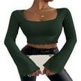 thumbnail image 1 of Women Solid Color Ribbed Square Neck Lettuce Hem Show Navel T-Shirts Spring Autumn Flare Long Sleeve Slim Crop Tops Black M, 1 of 6