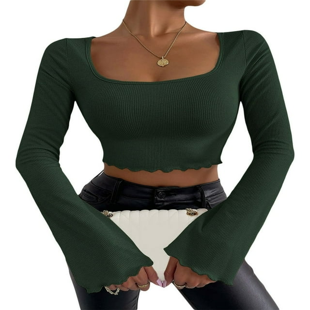 Women Solid Color Ribbed Square Neck Lettuce Hem Show Navel T-Shirts Spring Autumn Flare Long Sleeve Slim Crop Tops Black M