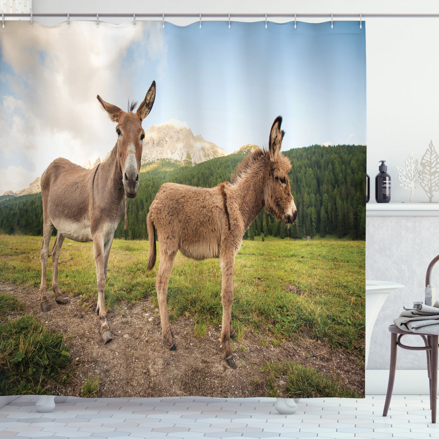 Farm Donkey Horse Bathroom Shower Curtain Waterproof Fabric 71*71 inch & Hooks 