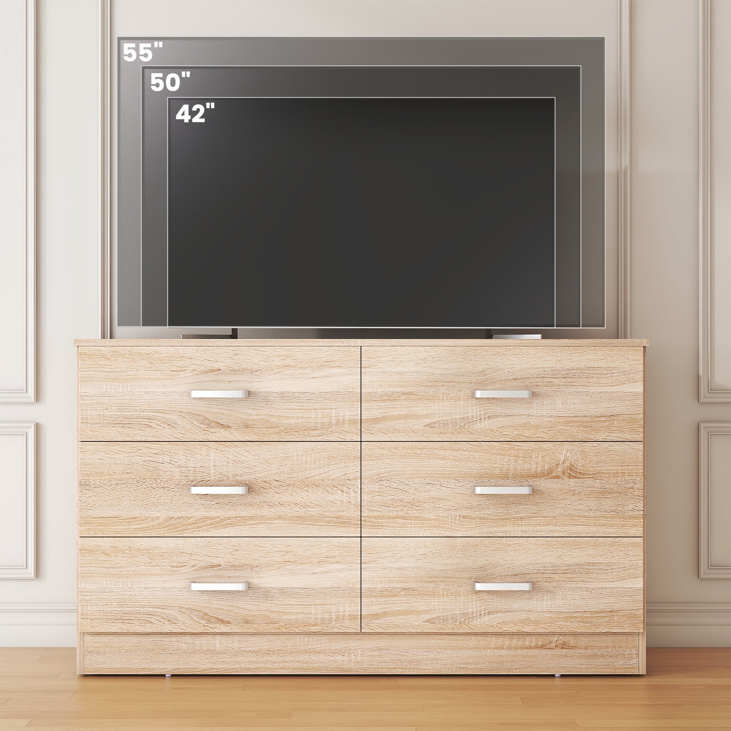 Winkalon 6 Drawer Oak Double Dresser,Wood Storage Cabinet with Easy Pull Out Handles for Living Room,Chest of Drawers for Bedroom