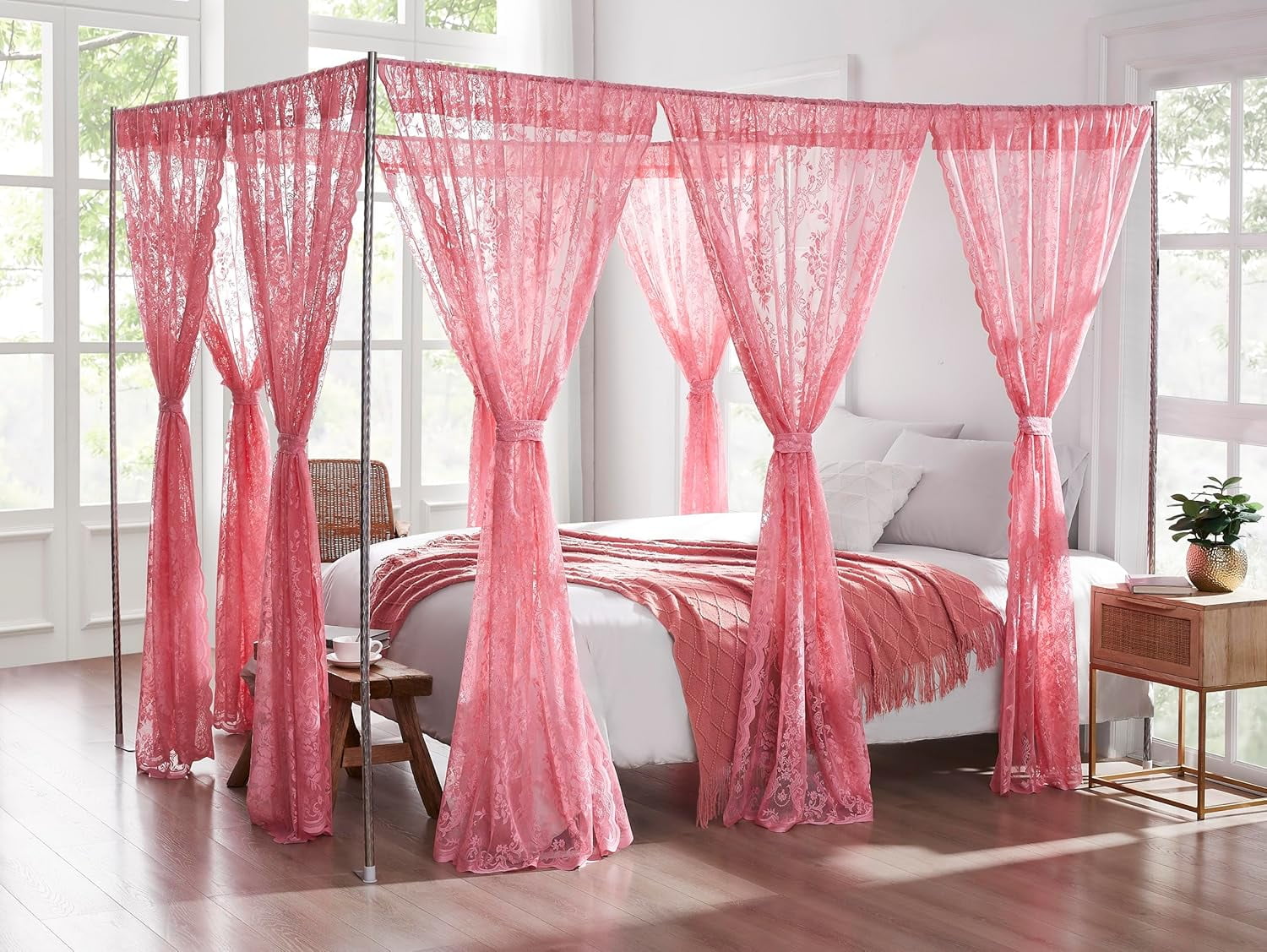 Warm Home Designs Lace Canopy Bed Curtains Set Consists of 8 48" x 78" Rose Pink Canopy Curtains with Tie-Backs. LC Rose