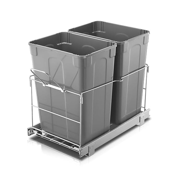 Pull Out Trash Can Under Cabinet, 35 QT Double Under Sink Trash Can Waste Container with with Wire Bottom Mount and Handle, Heavy Duty Garbage Recycling Bin for Kitchen Cabinet, Sink