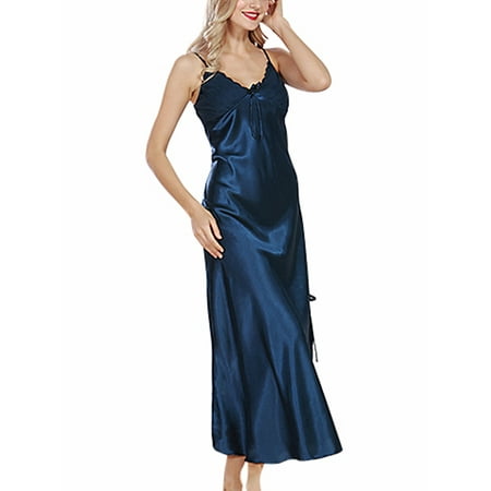 Womens Casual Satin Silk Pajamas Dress Summer Sling Long Dress ...