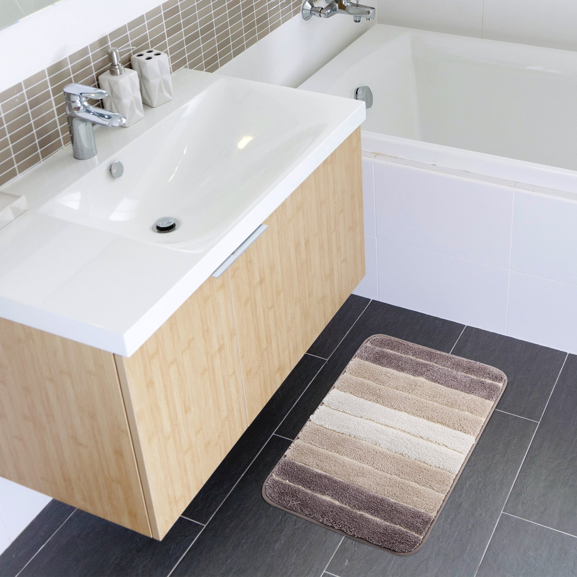 PiccoCasa Microfiber Striped Bathroom Rugs Non Slip Soft Khaki 16"x24"