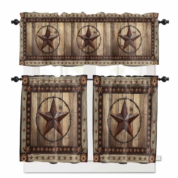 Texas Star Kitchen Curtains Valance and Tier Set Farmhouse Country Star Rod Pocket Short Curtains for Small Window 3 Pieces Set for Bedroom Bathroom Cafe (54" x 18" 27" x 36")