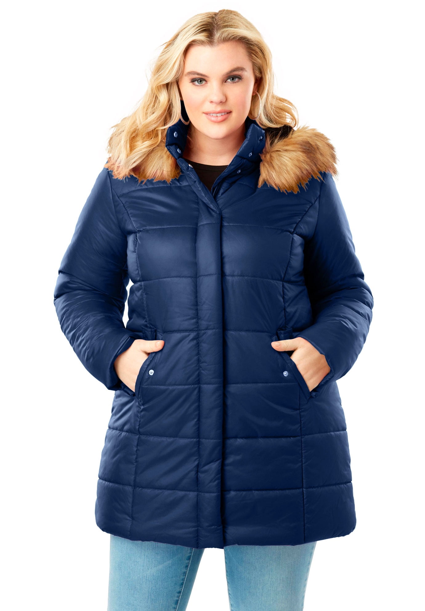 Roamans Womens Plus Size Classic-Length Quilted Parka with Hood Winter Coat