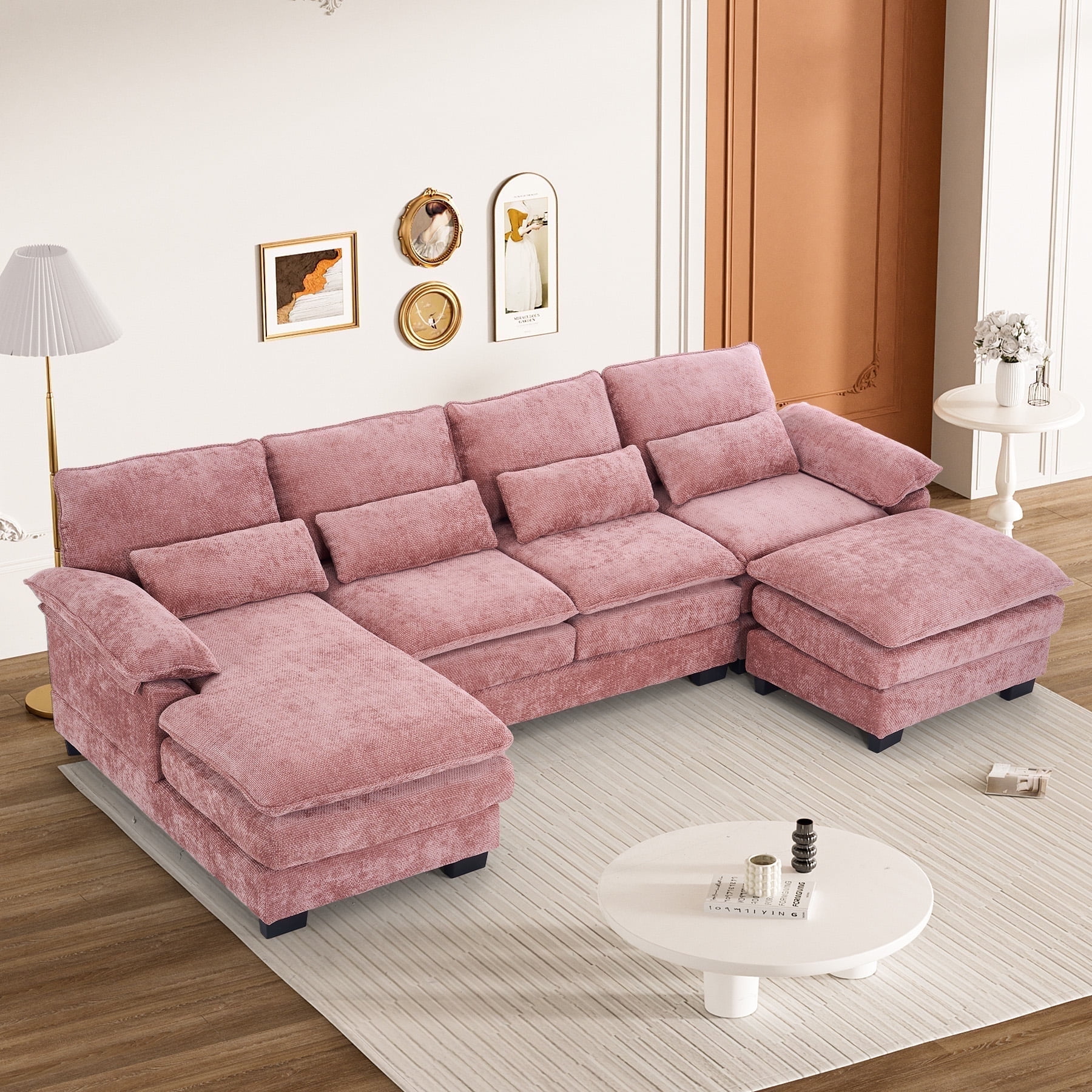 Rophefx 114.3" U Shaped Sectional Couches for Living Room,Cloud Couch,4 Seats Chenille Couch with Double Layer Cushion,Pink
