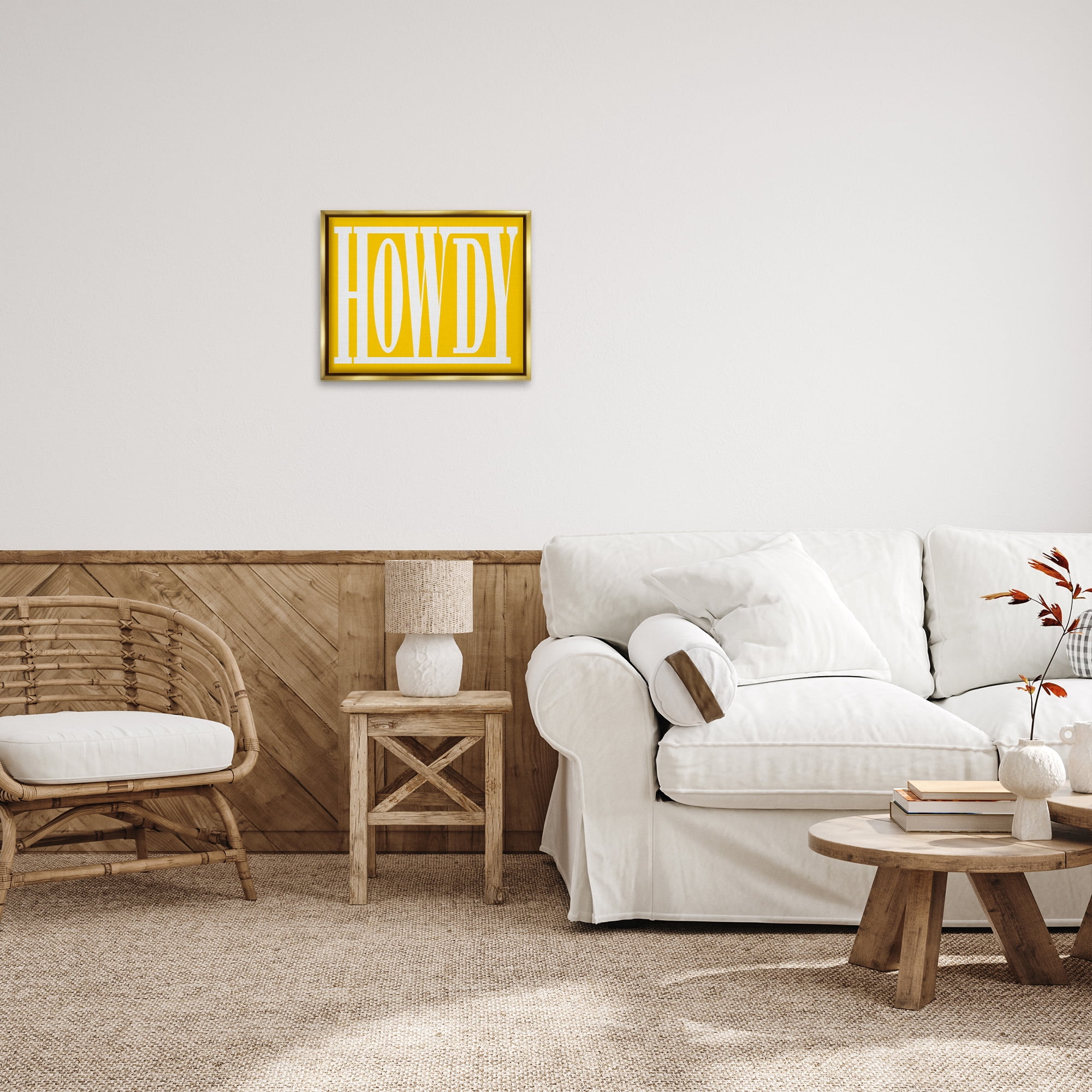 Stupell Industries Howdy Phrase on Yellow Typography Painting Gold Floater Framed Canvas Art Print Wall Art, 21 x 17
