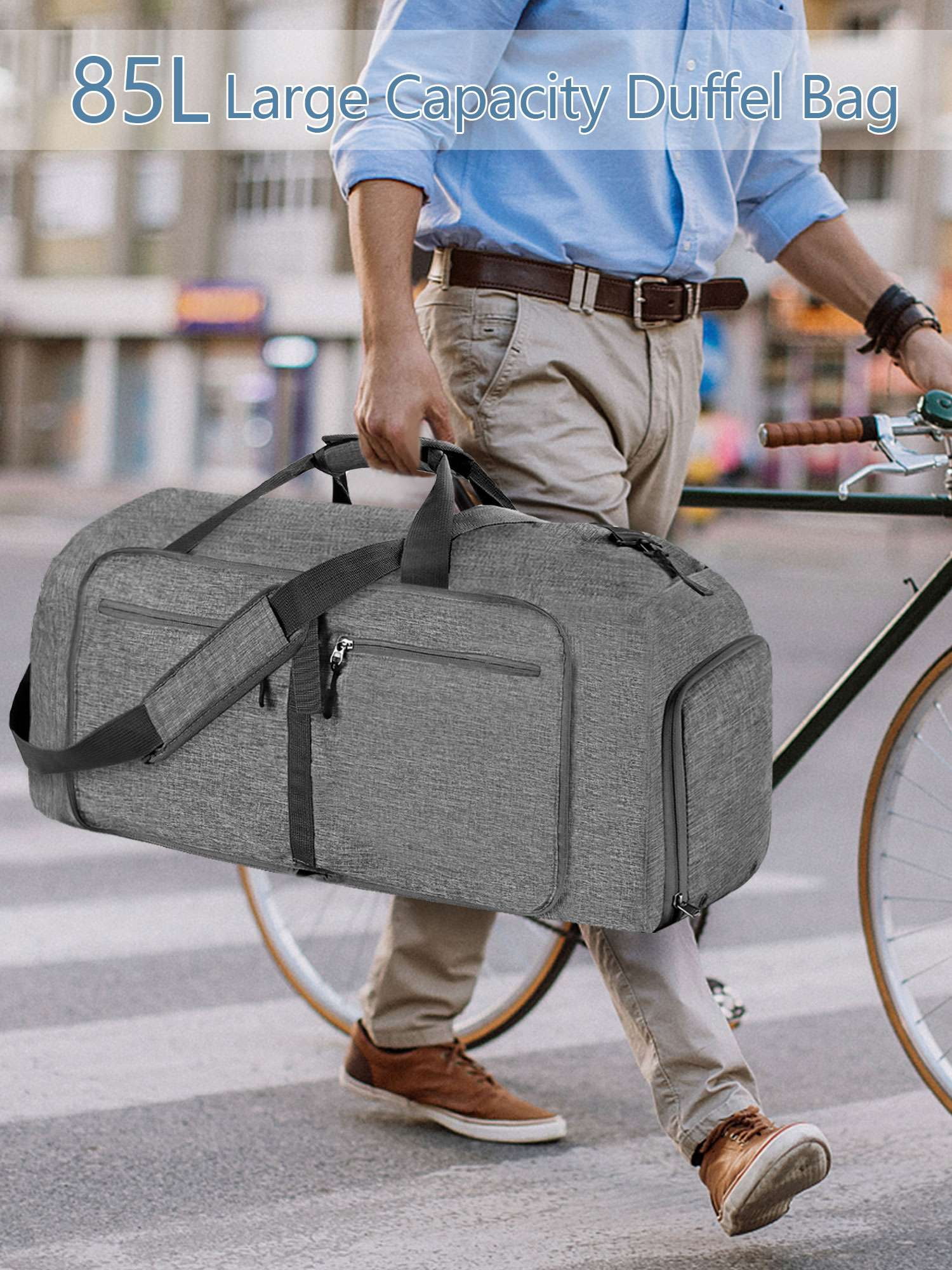 Luxtrada 85L Duffle Bag with Shoes Compartment, 26" Foldable Travel Duffel Bags for Men Women, Large Packable Travel Bag Water Repellent & Tear Resistant (Gray)