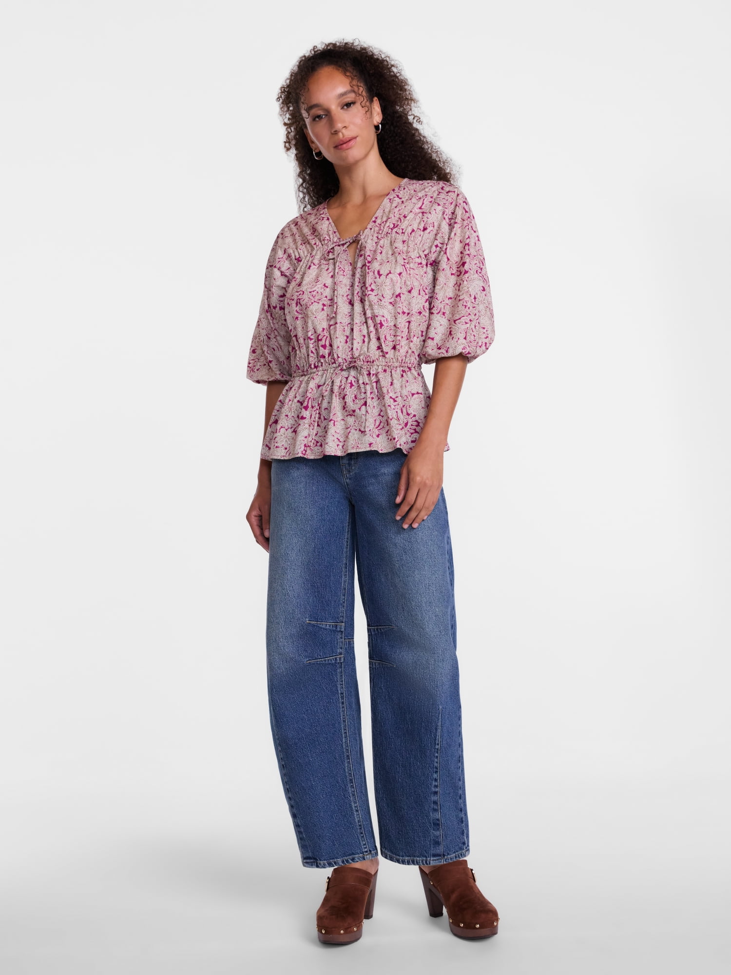 Scenario Women's Front Tie Peplum Top with 3/4-Length Sleeves, Size XS-XXXL
