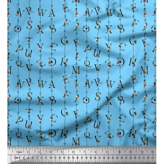Soimoi Blue Velvet Fabric Floral Alphabet Text Decor Fabric Printed Yard 60 Inch Wide