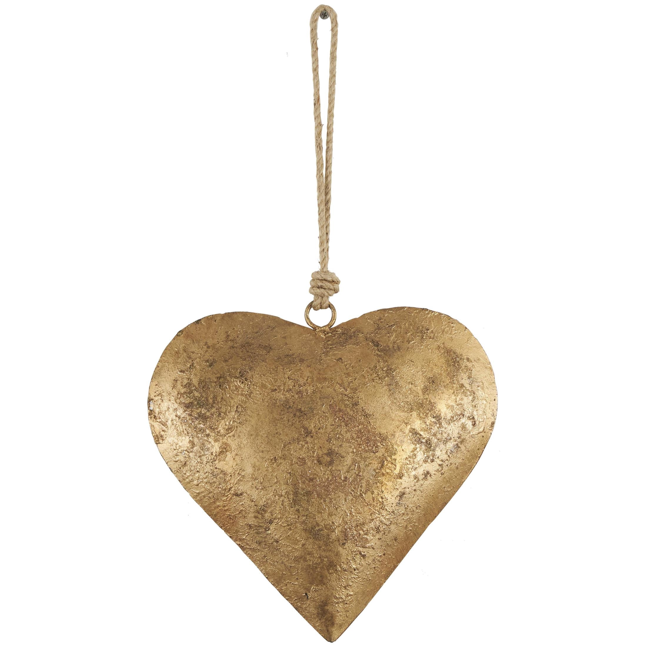 DecMode Tibetan Inspired Gold Metal Heart Decorative Bells with Jute Hanging Rope, 3 Count