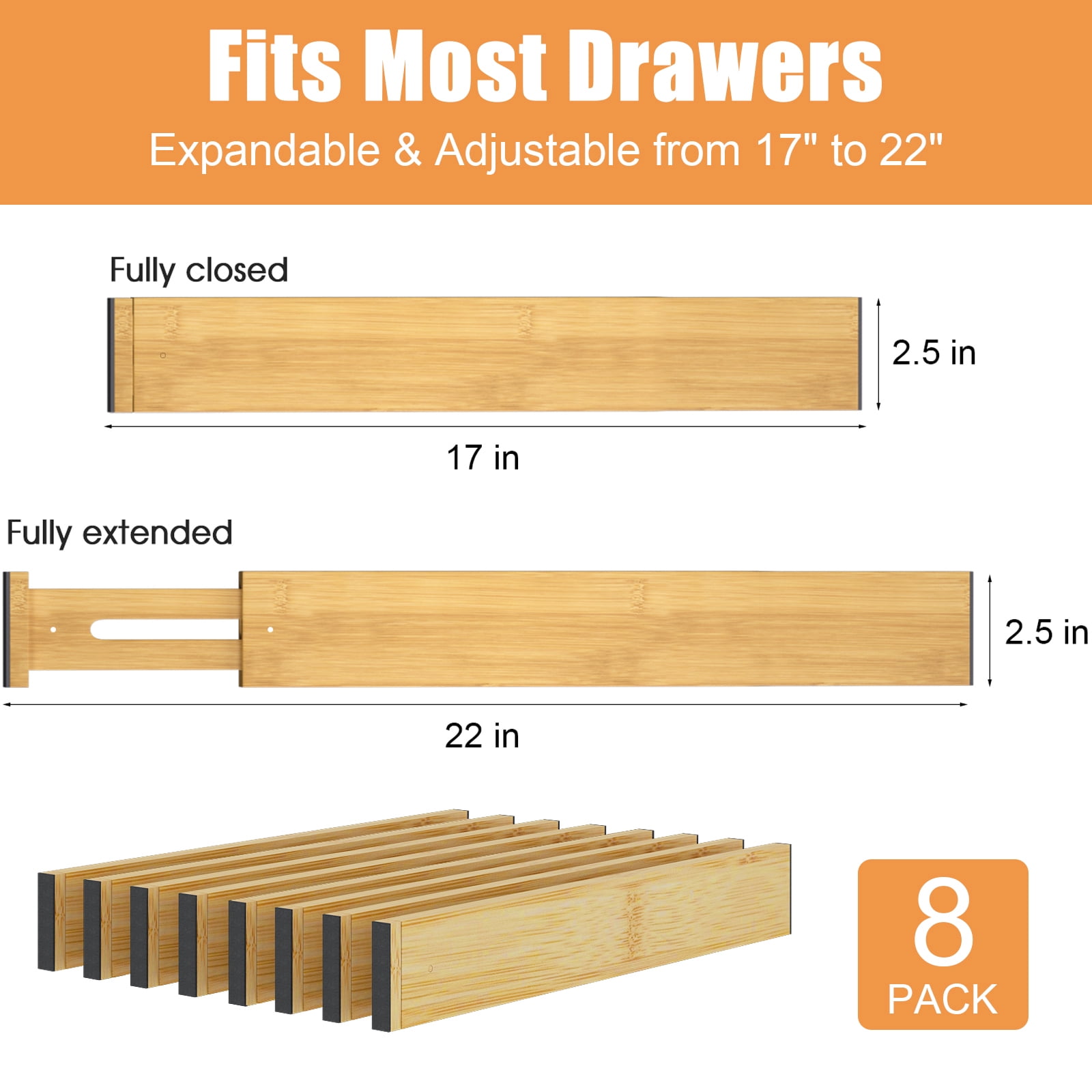 Bamboo Drawer Dividers,17-22" Adjustable Kitchen Drawer Organizer for Clothes,4 Pack Expandable Drawer Organization Separators for Bedroom,Bathroom,Dresser and Office