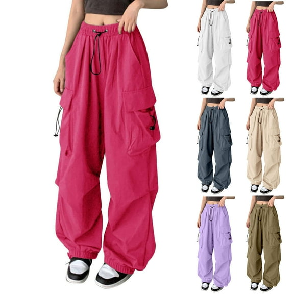 Chroia Women Y2K Baggy Parachute Cargo Pants, High Waisted 6 Pockets Drawstring Casual Track Pants