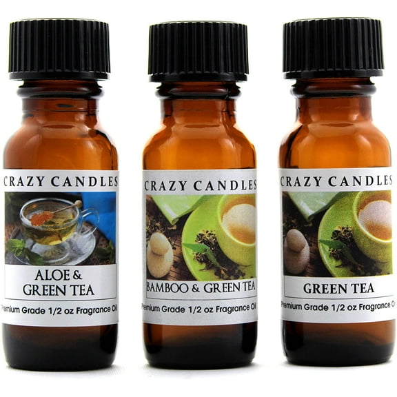 Crazy Candles 3 Bottles Set, 1 Aloe & Green Tea, 1 Bamboo & Green Tea, 1 Green Tea 1/2 Fl Oz Each (15ml) Premium Grade Scented Fragrance Oils